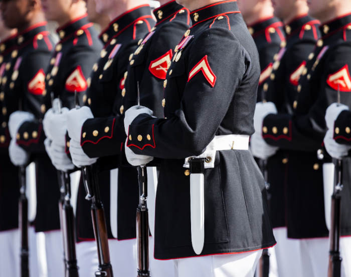 Marines standing at attention in line